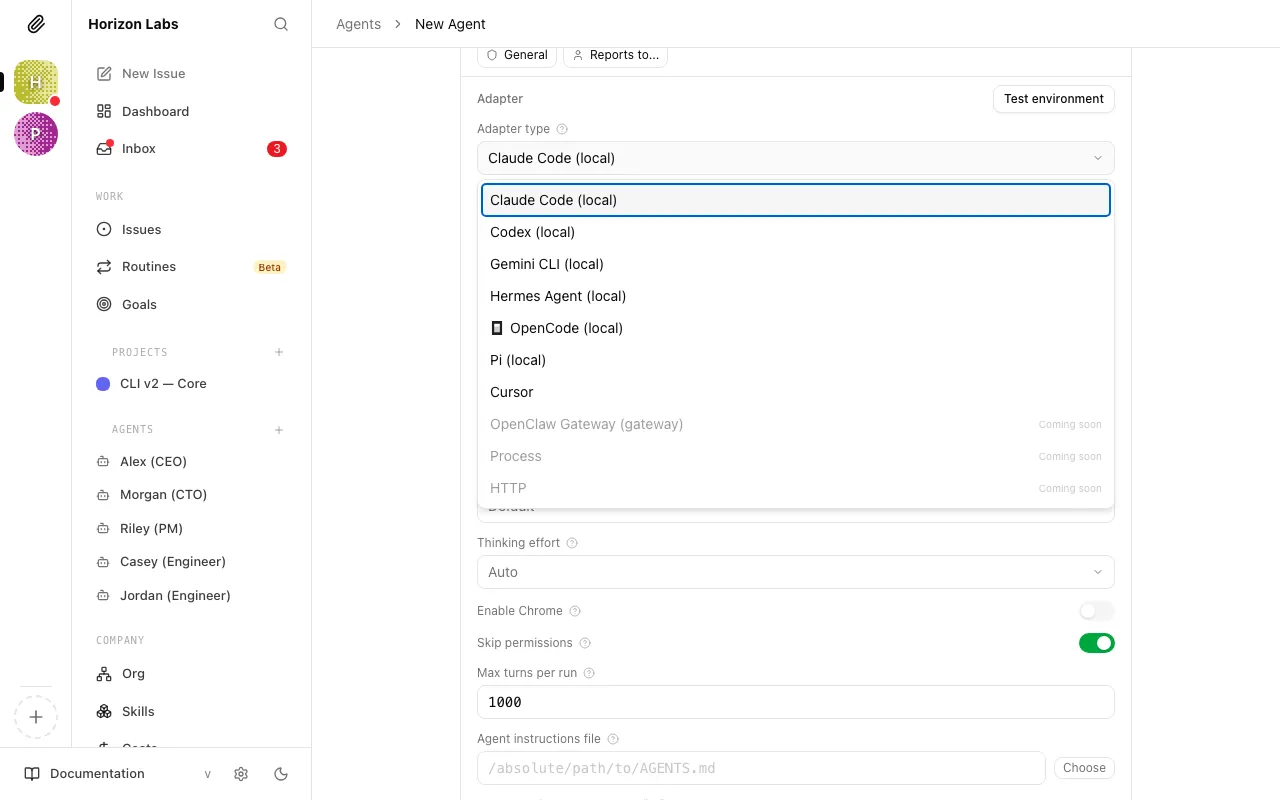 Adapter type dropdown showing all available options